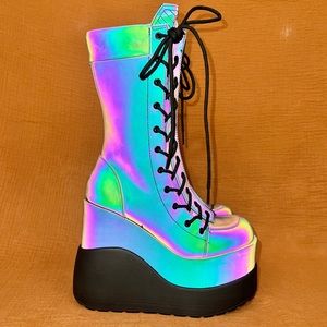 Demonia Void-118 reflective tiered platform boots!